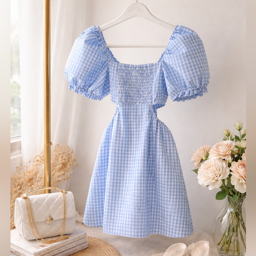 H&M Divided Light Blue Gingham Cutout Mini Dress Size Small